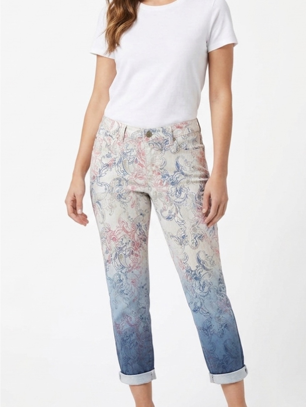 Bandolino Size 6 Lizabeth Capris Paisley Ombre Blue and Pink Jeans